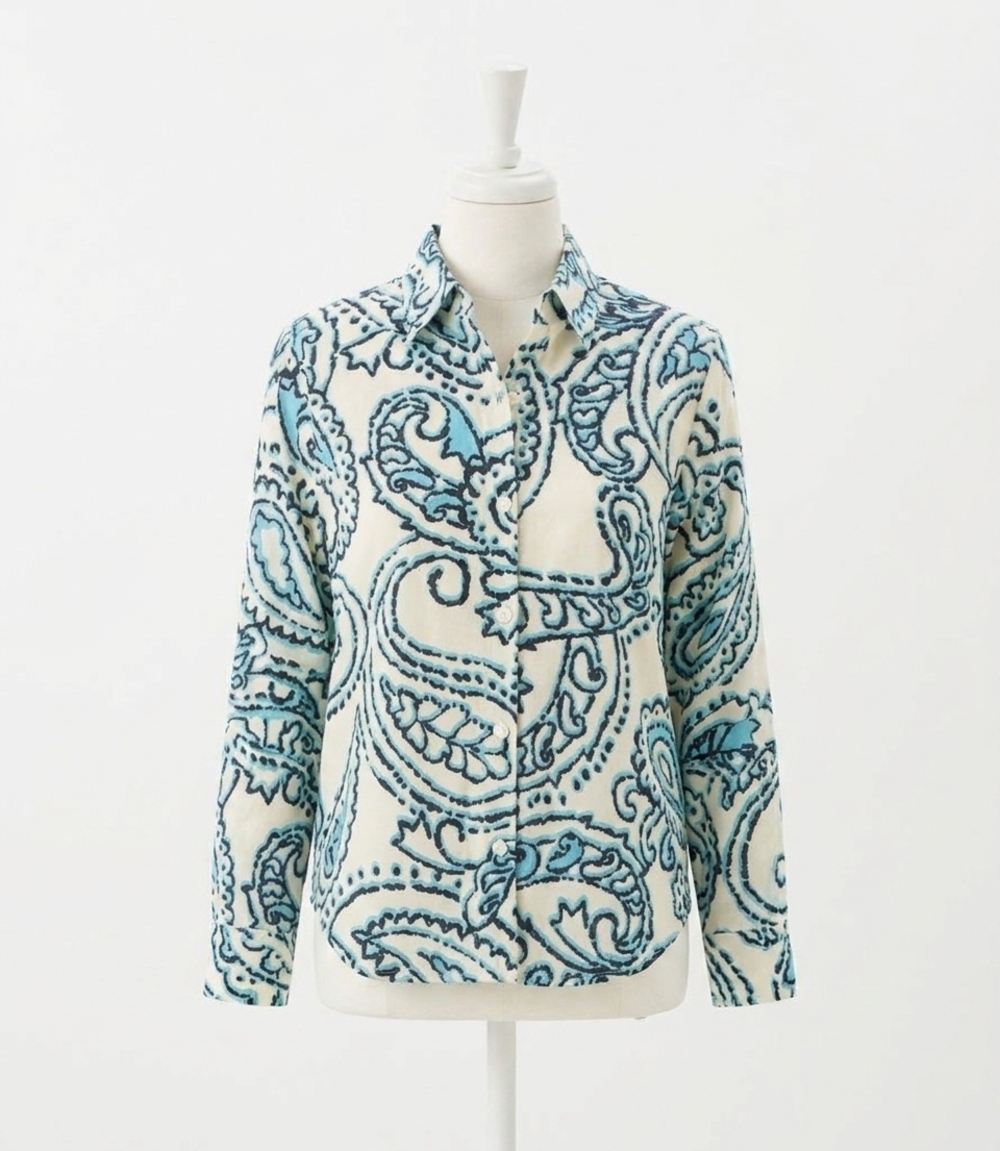 NEW KAREN KANE ruched sleeve button-up shirt - petite in print